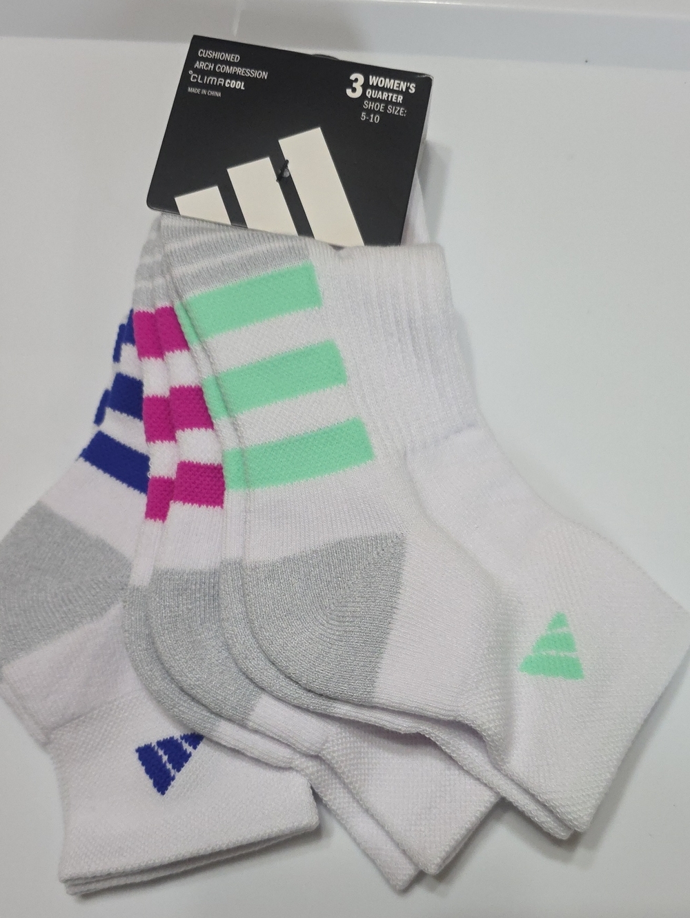 3-Pack Women's Cushioned Ankle Socks - White with Mint, Pink & Blue Accents